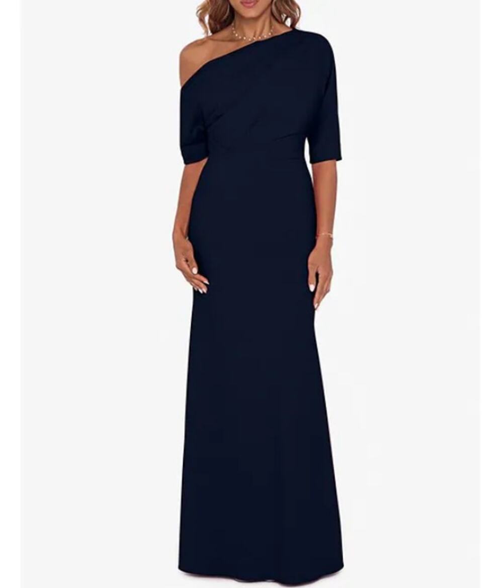 BETSY & ADAM Asymmetrical Scuba Crepe Dress Size 12 Navy Blue A25025 NWT